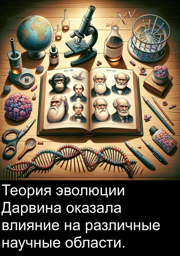 влияние: Теория эволюции Дарвина оказала влияние на различные научные области.