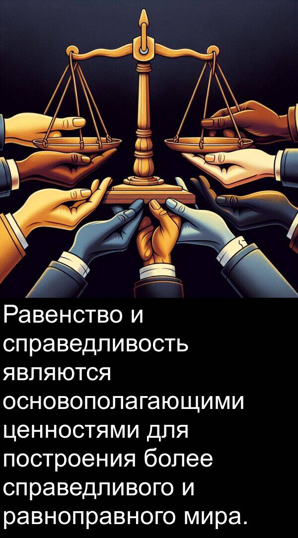 являются: Равенство и справедливость являются основополагающими ценностями для построения более справедливого и равноправного мира.