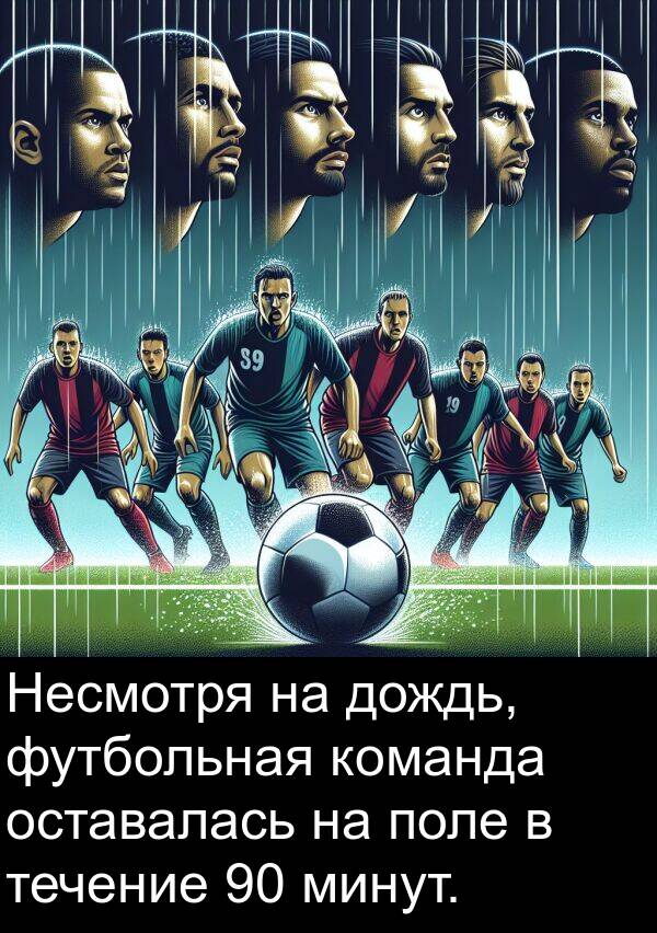 течение: Несмотря на дождь, футбольная команда оставалась на поле в течение 90 минут.