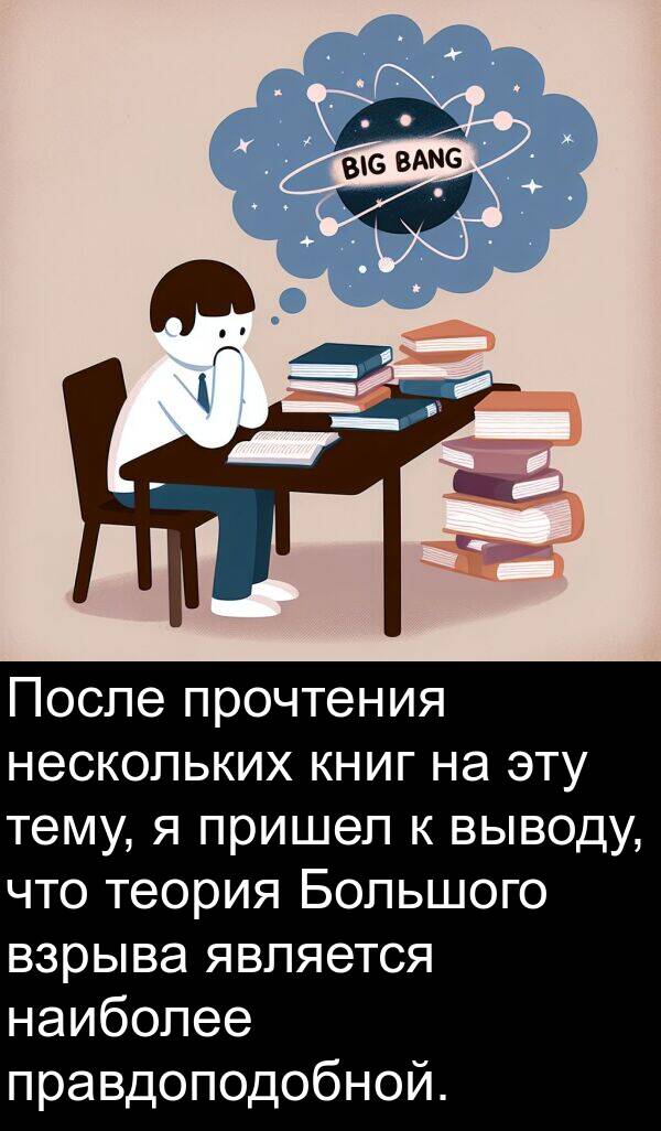 наиболее: После прочтения нескольких книг на эту тему, я пришел к выводу, что теория Большого взрыва является наиболее правдоподобной.