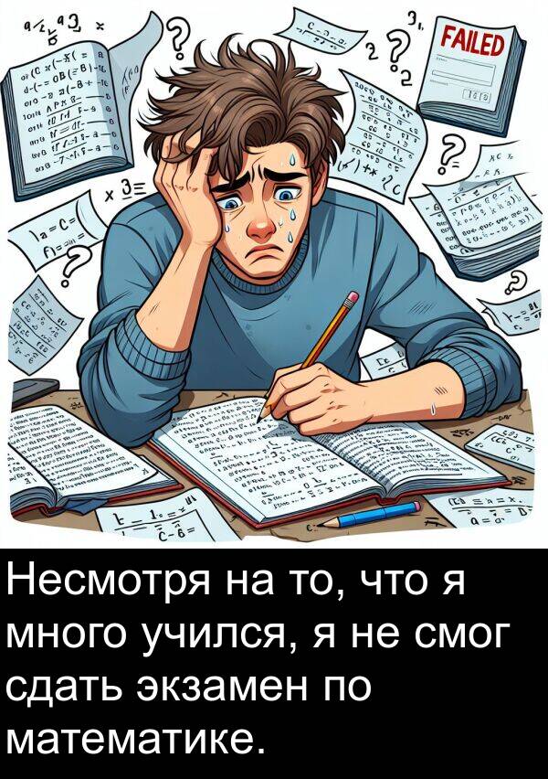 сдать: Несмотря на то, что я много учился, я не смог сдать экзамен по математике.