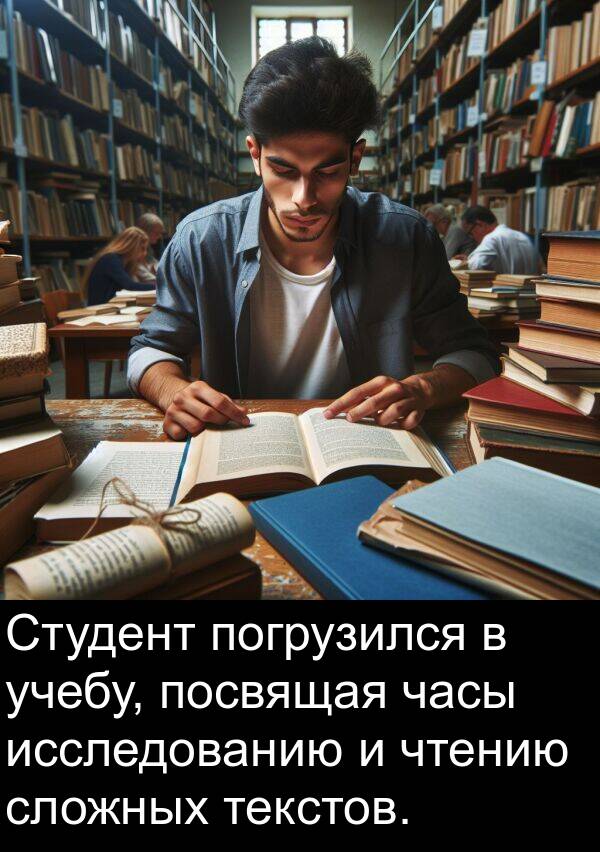 часы: Студент погрузился в учебу, посвящая часы исследованию и чтению сложных текстов.