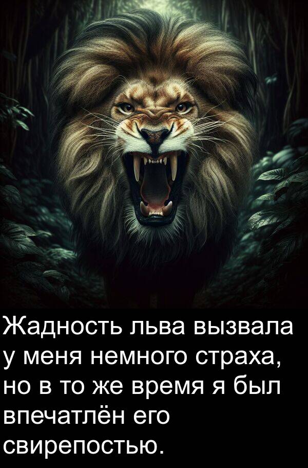 впечатлён: Жадность льва вызвала у меня немного страха, но в то же время я был впечатлён его свирепостью.