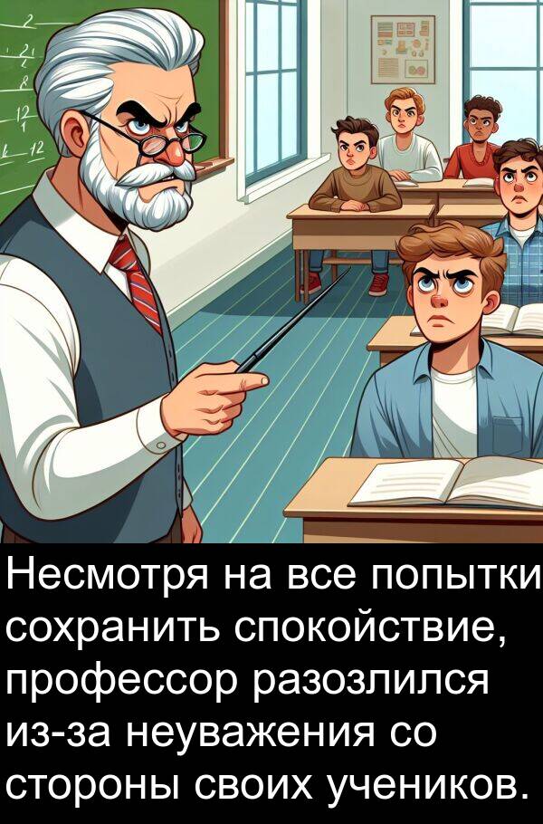 спокойствие: Несмотря на все попытки сохранить спокойствие, профессор разозлился из-за неуважения со стороны своих учеников.