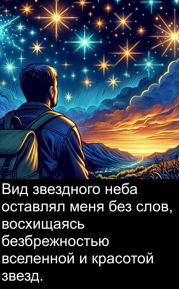 без: Вид звездного неба оставлял меня без слов, восхищаясь безбрежностью вселенной и красотой звезд.