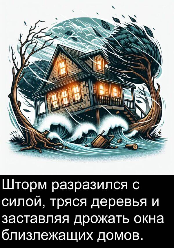 близлежащих: Шторм разразился с силой, тряся деревья и заставляя дрожать окна близлежащих домов.