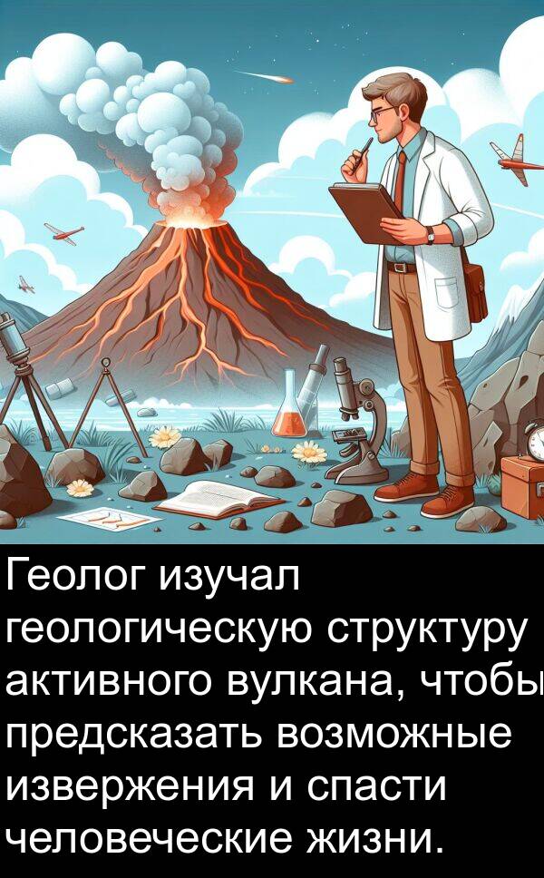 активного: Геолог изучал геологическую структуру активного вулкана, чтобы предсказать возможные извержения и спасти человеческие жизни.