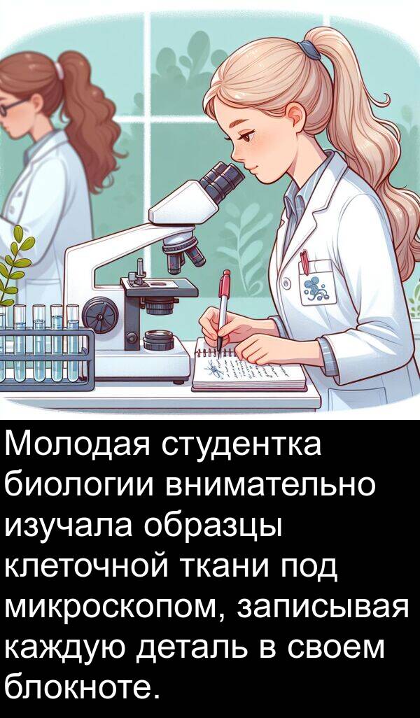 изучала: Молодая студентка биологии внимательно изучала образцы клеточной ткани под микроскопом, записывая каждую деталь в своем блокноте.