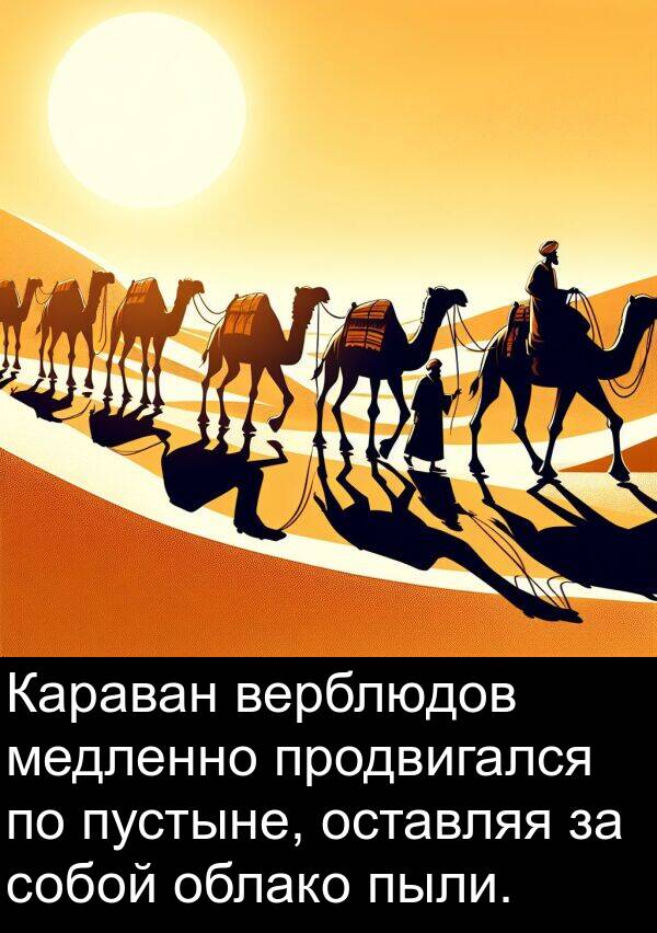 верблюдов: Караван верблюдов медленно продвигался по пустыне, оставляя за собой облако пыли.