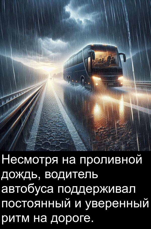 автобуса: Несмотря на проливной дождь, водитель автобуса поддерживал постоянный и уверенный ритм на дороге.