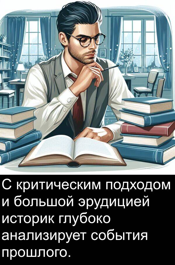 анализирует: С критическим подходом и большой эрудицией историк глубоко анализирует события прошлого.