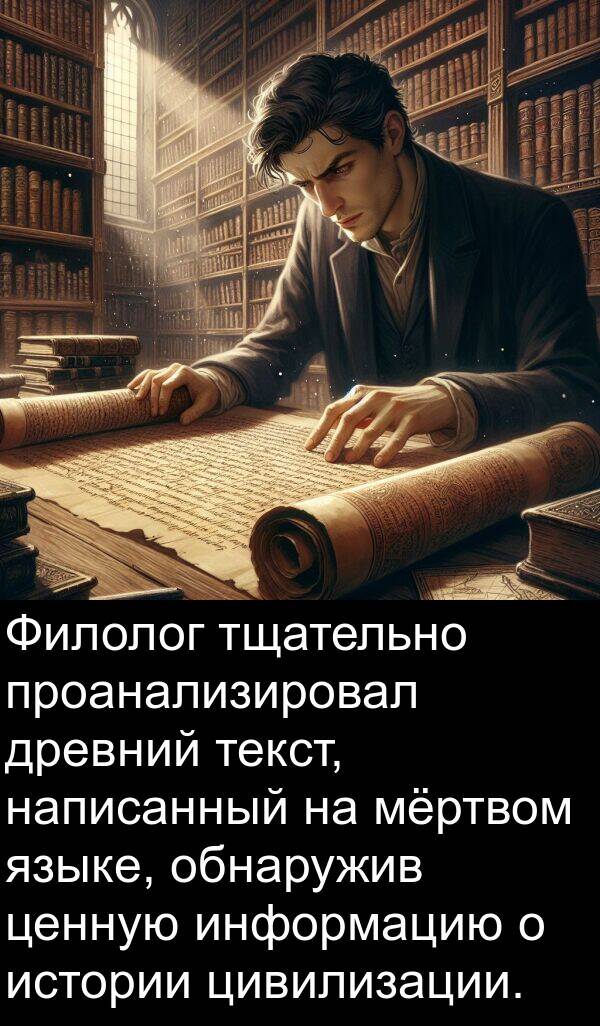 тщательно: Филолог тщательно проанализировал древний текст, написанный на мёртвом языке, обнаружив ценную информацию о истории цивилизации.