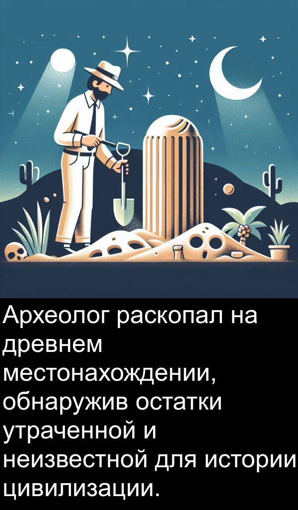 истории: Археолог раскопал на древнем местонахождении, обнаружив остатки утраченной и неизвестной для истории цивилизации.