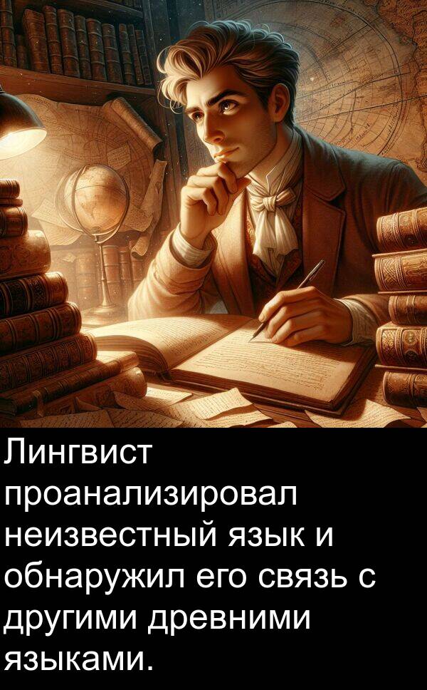 связь: Лингвист проанализировал неизвестный язык и обнаружил его связь с другими древними языками.