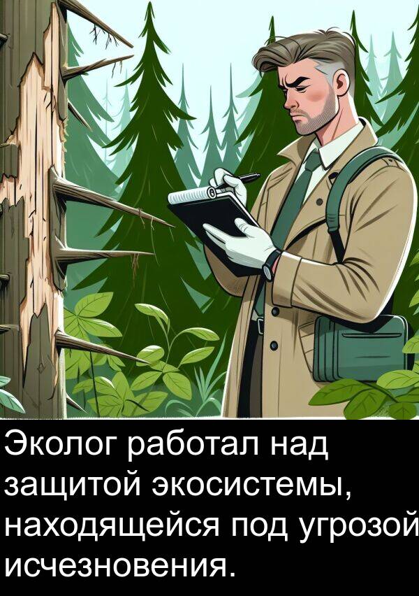 работал: Эколог работал над защитой экосистемы, находящейся под угрозой исчезновения.