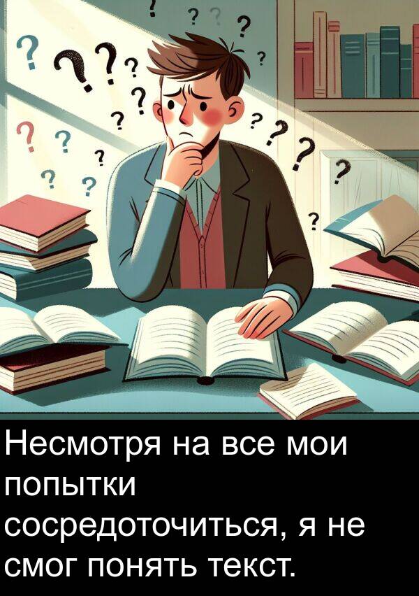 текст: Несмотря на все мои попытки сосредоточиться, я не смог понять текст.