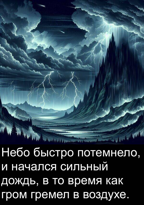 быстро: Небо быстро потемнело, и начался сильный дождь, в то время как гром гремел в воздухе.