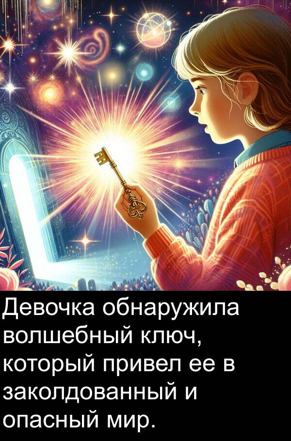 привел: Девочка обнаружила волшебный ключ, который привел ее в заколдованный и опасный мир.