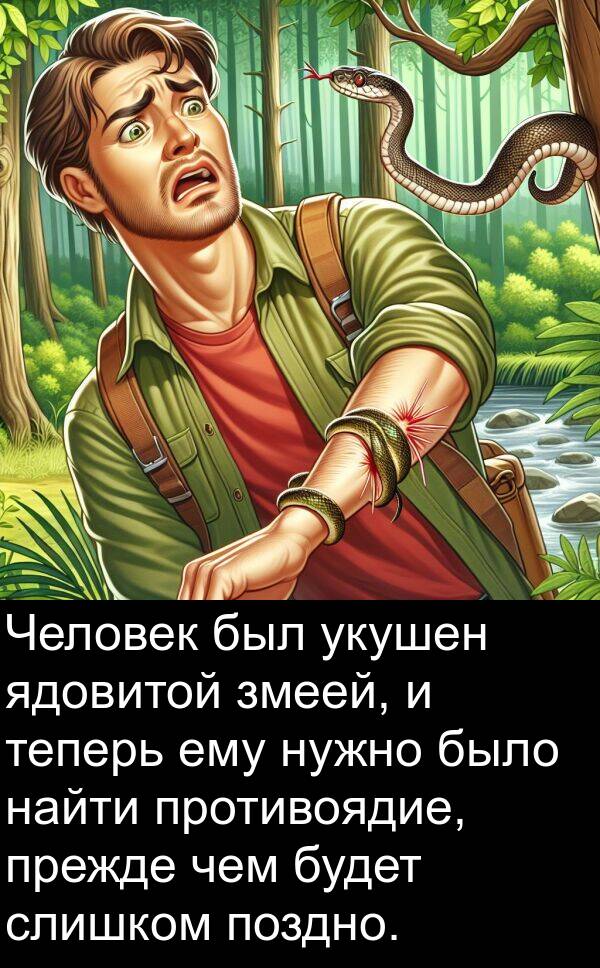 ему: Человек был укушен ядовитой змеей, и теперь ему нужно было найти противоядие, прежде чем будет слишком поздно.