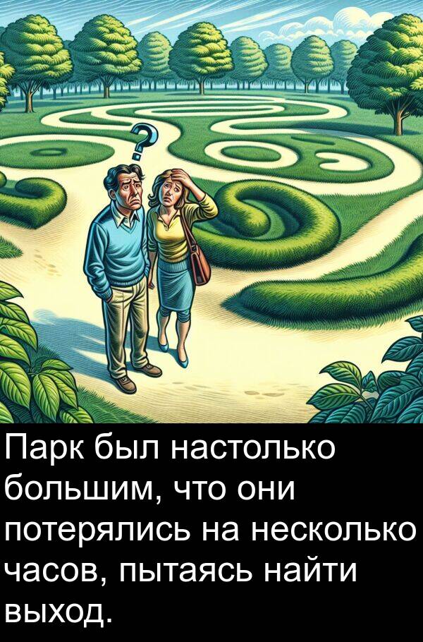 часов: Парк был настолько большим, что они потерялись на несколько часов, пытаясь найти выход.