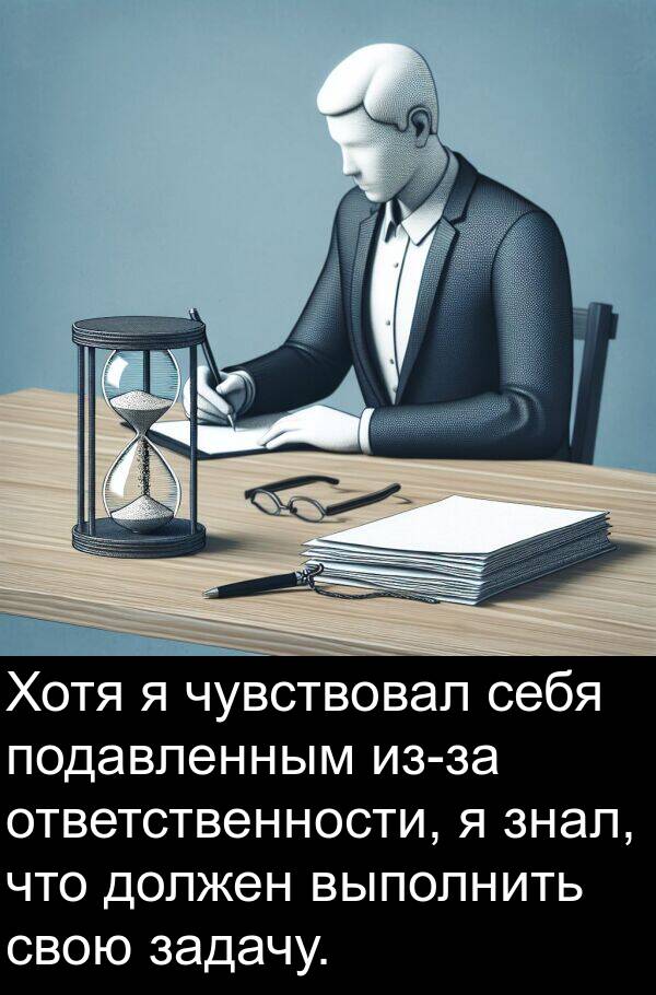 задачу: Хотя я чувствовал себя подавленным из-за ответственности, я знал, что должен выполнить свою задачу.