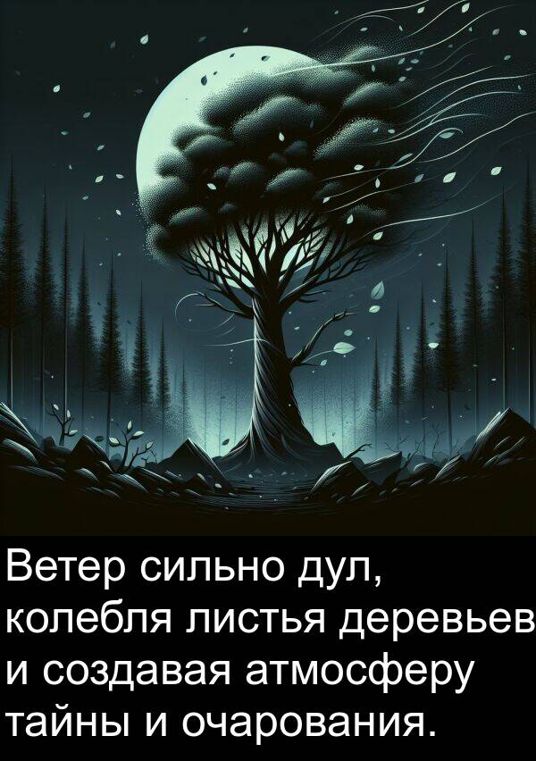 атмосферу: Ветер сильно дул, колебля листья деревьев и создавая атмосферу тайны и очарования.