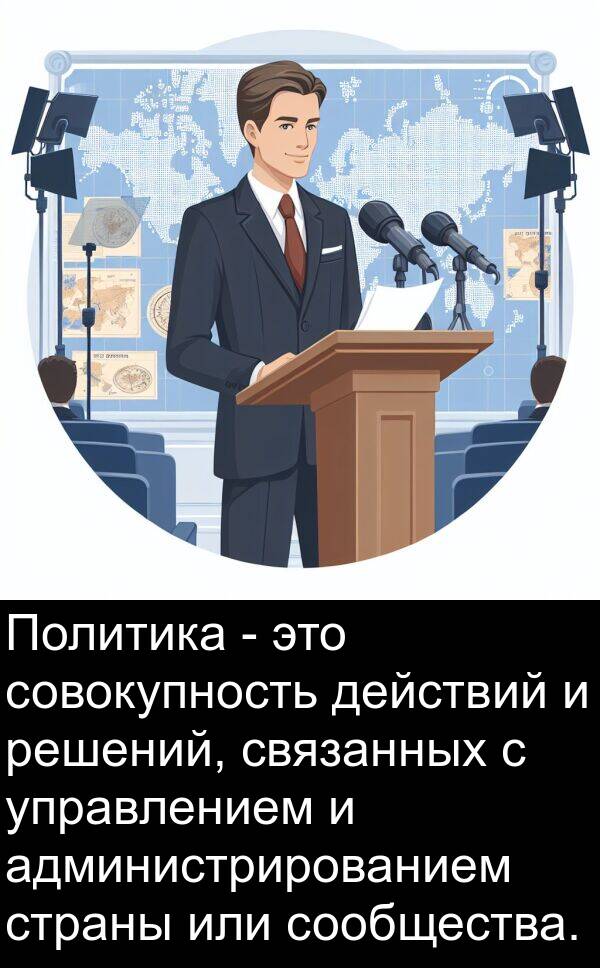 или: Политика - это совокупность действий и решений, связанных с управлением и администрированием страны или сообщества.