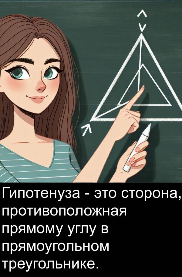 прямому: Гипотенуза - это сторона, противоположная прямому углу в прямоугольном треугольнике.