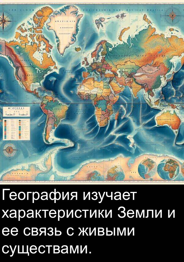 связь: География изучает характеристики Земли и ее связь с живыми существами.