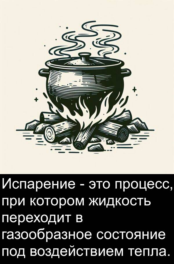 газообразное: Испарение - это процесс, при котором жидкость переходит в газообразное состояние под воздействием тепла.