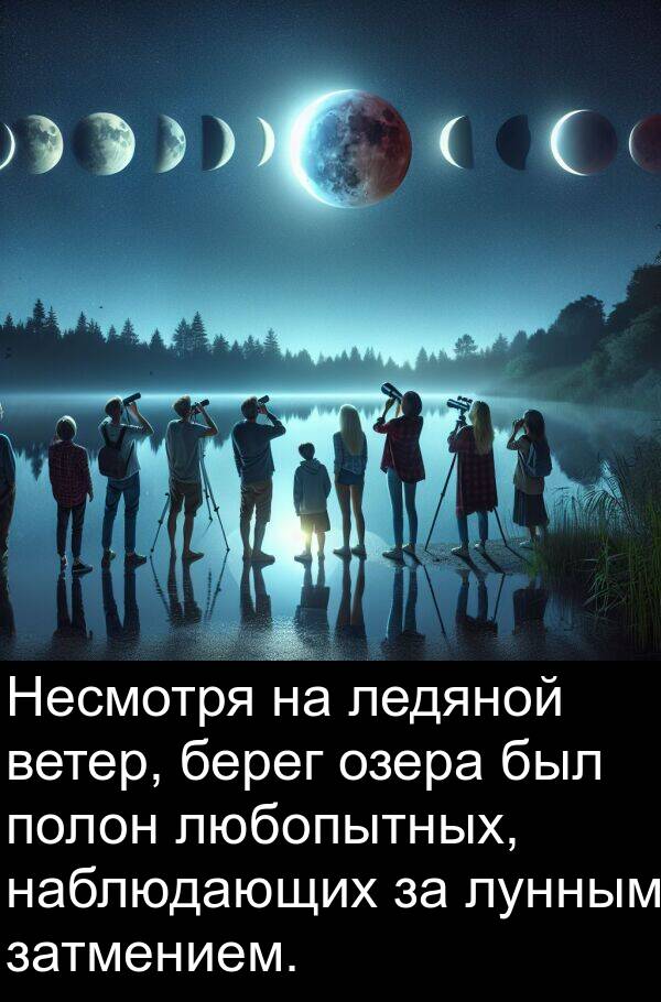 берег: Несмотря на ледяной ветер, берег озера был полон любопытных, наблюдающих за лунным затмением.