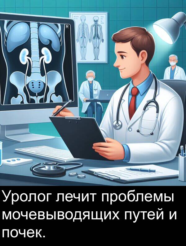 лечит: Уролог лечит проблемы мочевыводящих путей и почек.