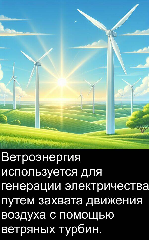 движения: Ветроэнергия используется для генерации электричества путем захвата движения воздуха с помощью ветряных турбин.