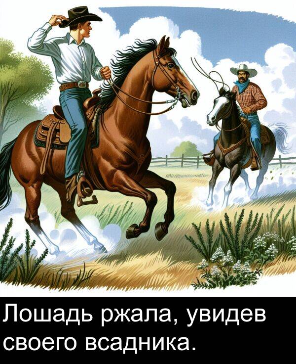 своего: Лошадь ржала, увидев своего всадника.