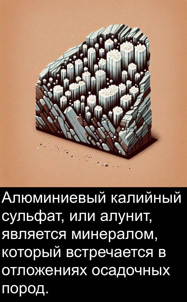 или: Алюминиевый калийный сульфат, или алунит, является минералом, который встречается в отложениях осадочных пород.