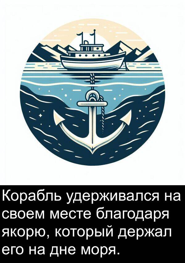 благодаря: Корабль удерживался на своем месте благодаря якорю, который держал его на дне моря.