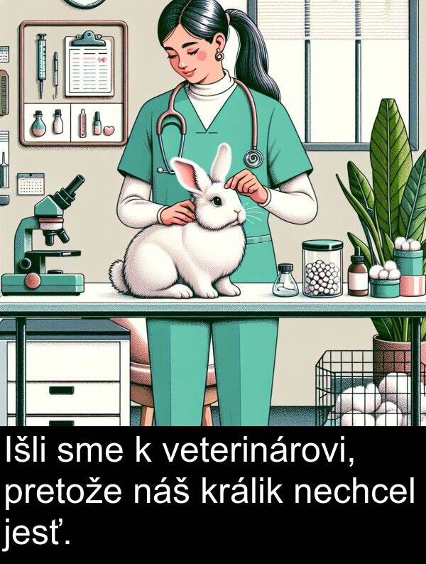 pretože: Išli sme k veterinárovi, pretože náš králik nechcel jesť.