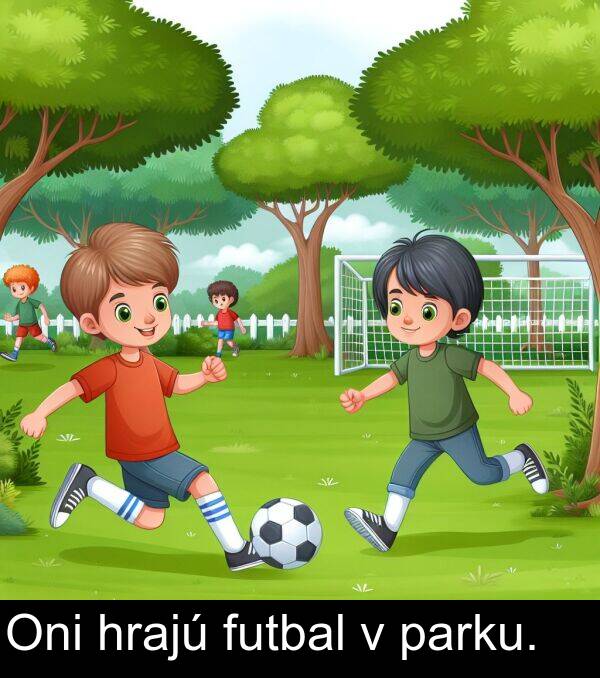 parku: Oni hrajú futbal v parku.