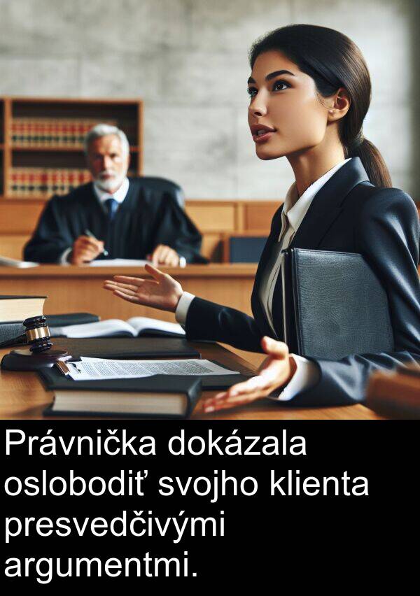 klienta: Právnička dokázala oslobodiť svojho klienta presvedčivými argumentmi.