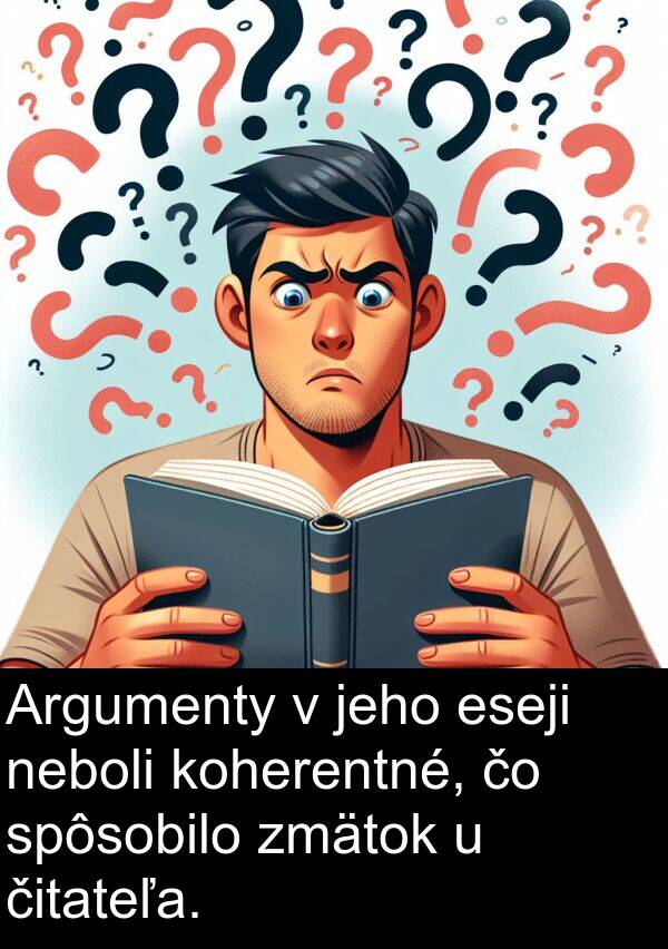 eseji: Argumenty v jeho eseji neboli koherentné, čo spôsobilo zmätok u čitateľa.