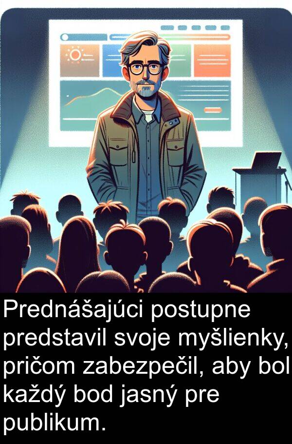 bod: Prednášajúci postupne predstavil svoje myšlienky, pričom zabezpečil, aby bol každý bod jasný pre publikum.