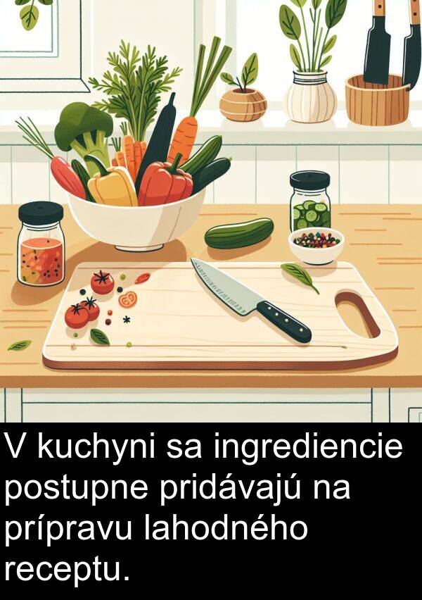 ingrediencie: V kuchyni sa ingrediencie postupne pridávajú na prípravu lahodného receptu.