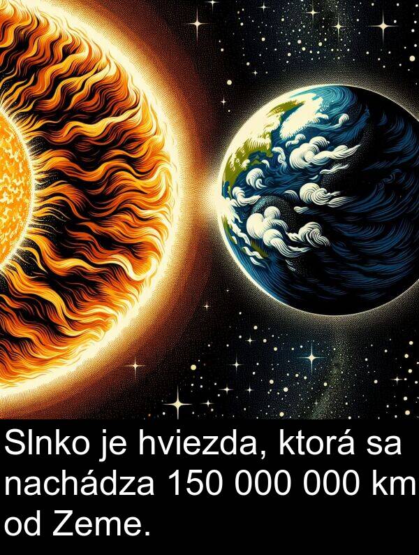 nachádza: Slnko je hviezda, ktorá sa nachádza 150 000 000 km od Zeme.