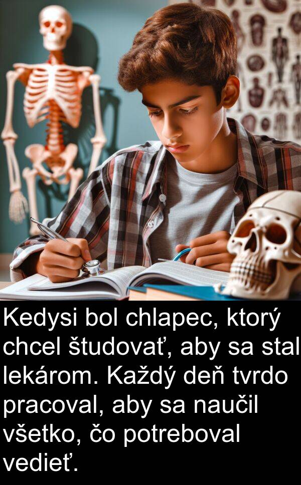 chcel: Kedysi bol chlapec, ktorý chcel študovať, aby sa stal lekárom. Každý deň tvrdo pracoval, aby sa naučil všetko, čo potreboval vedieť.