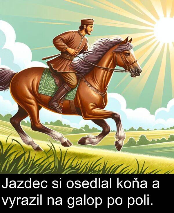 poli: Jazdec si osedlal koňa a vyrazil na galop po poli.