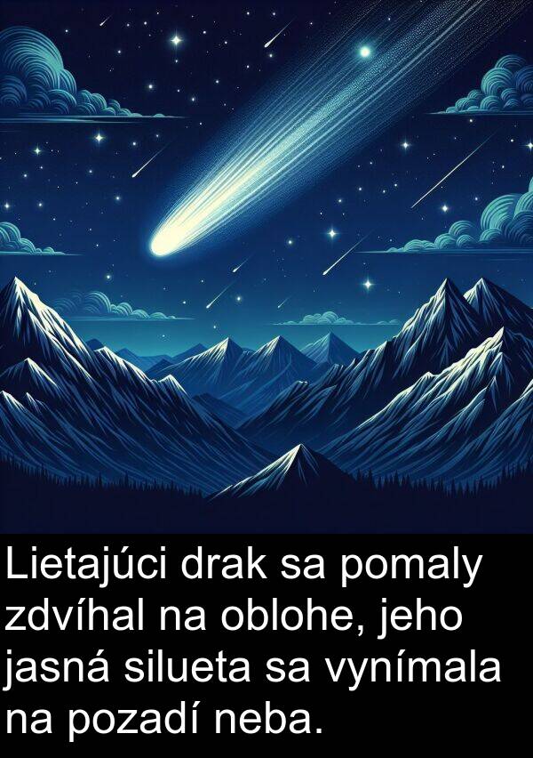 silueta: Lietajúci drak sa pomaly zdvíhal na oblohe, jeho jasná silueta sa vynímala na pozadí neba.