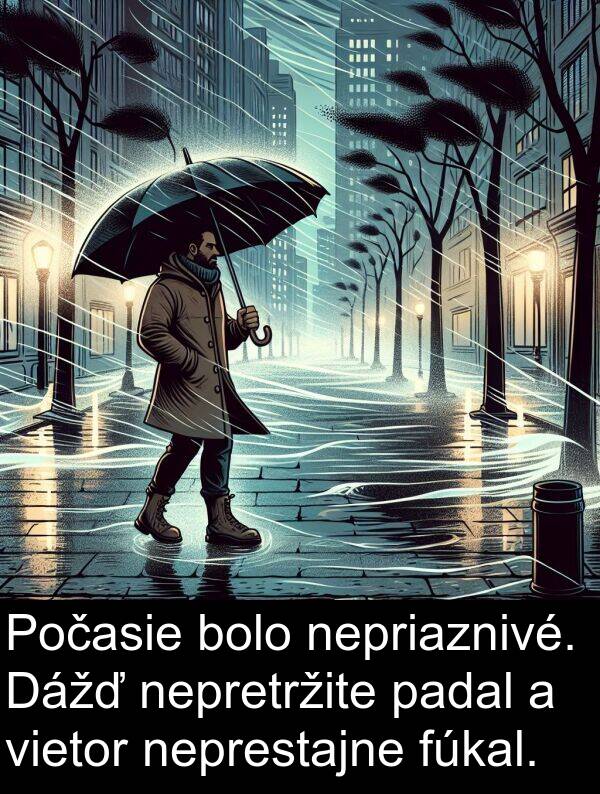 vietor: Počasie bolo nepriaznivé. Dážď nepretržite padal a vietor neprestajne fúkal.