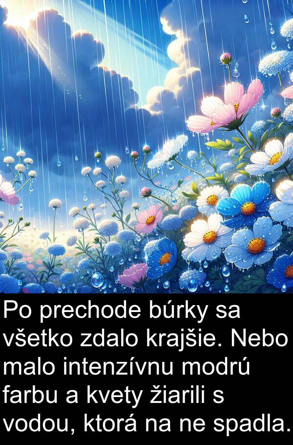 intenzívnu: Po prechode búrky sa všetko zdalo krajšie. Nebo malo intenzívnu modrú farbu a kvety žiarili s vodou, ktorá na ne spadla.