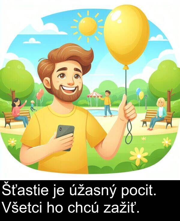 pocit: Šťastie je úžasný pocit. Všetci ho chcú zažiť.