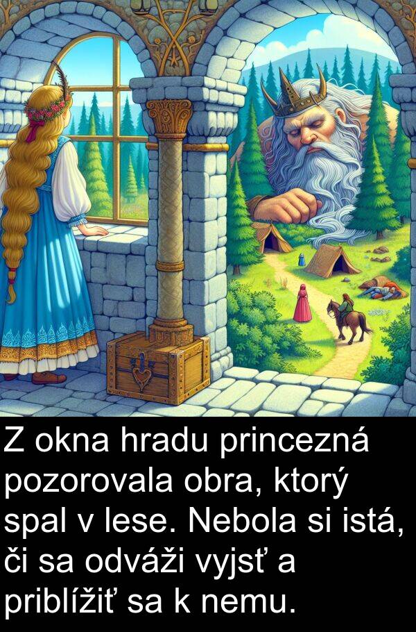 istá: Z okna hradu princezná pozorovala obra, ktorý spal v lese. Nebola si istá, či sa odváži vyjsť a priblížiť sa k nemu.